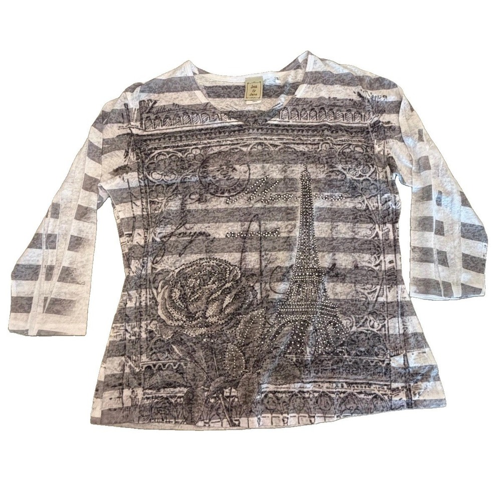 Jess & Jane Paris Portrait Eiffel Tower Rhinestone Mesh Top Women's Small S